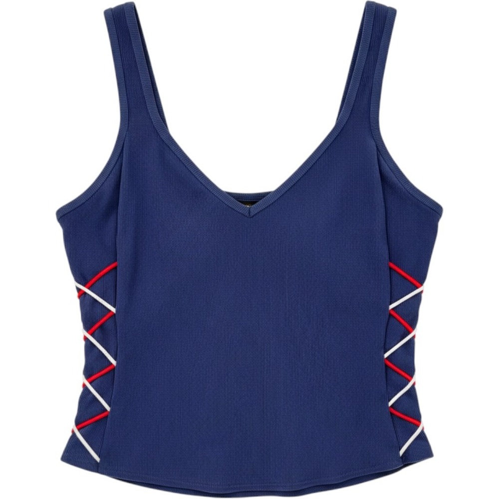 Gabar Tank Top Womens 16 Navy Blue Ribbed Side Lace Up V-Neck Sporty G40139